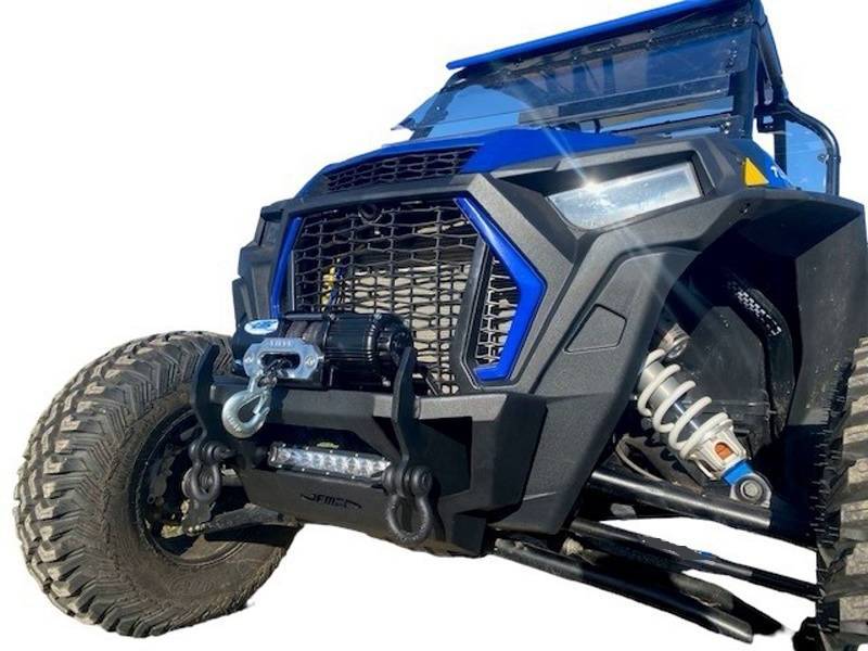 EMP Stubby front winch bumper with winch on a blue Polaris RZR